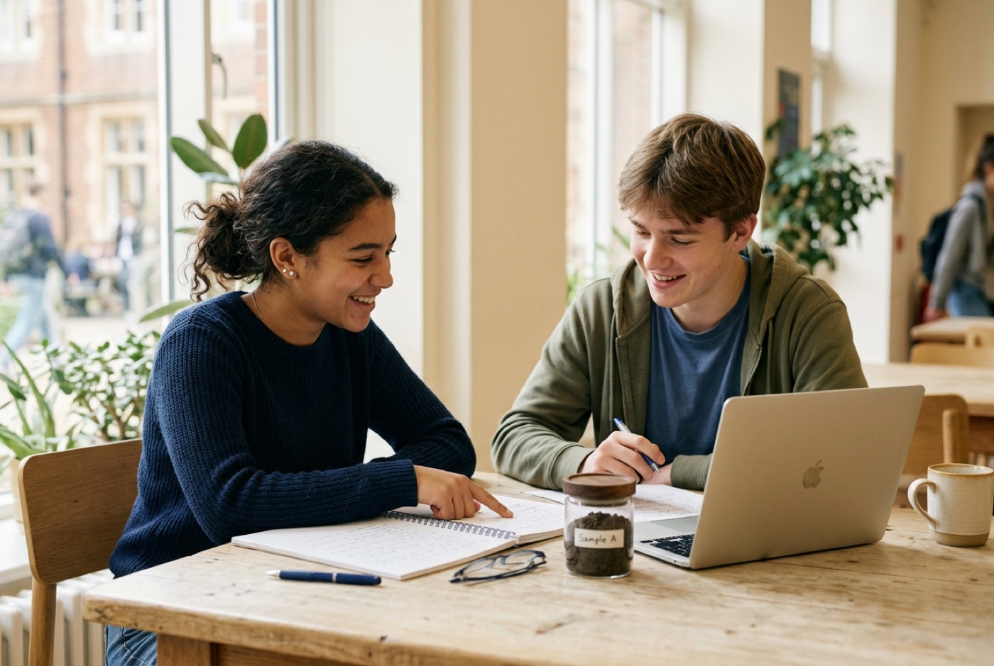 Two students at a sunlit campus table reviewing notes beside a laptop and a sample jar of digestate