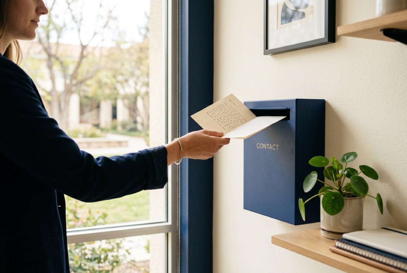A hand delivering a folded letter into a matte navy wall mailbox beside a sunlit window and a small green plant
