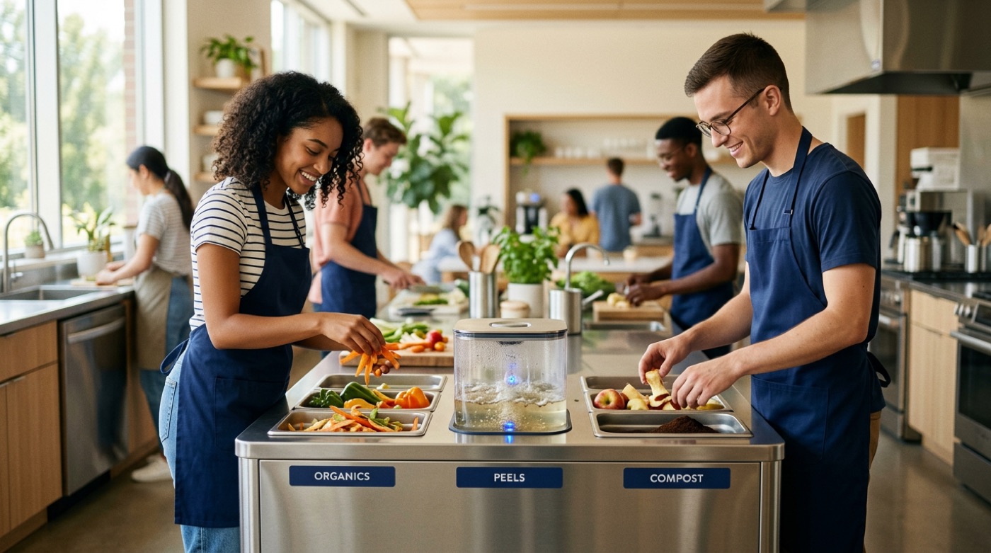 Students in a bright campus kitchen sorting vegetable peels and fruit scraps into a steel collection station fitted with a small clear biodigester