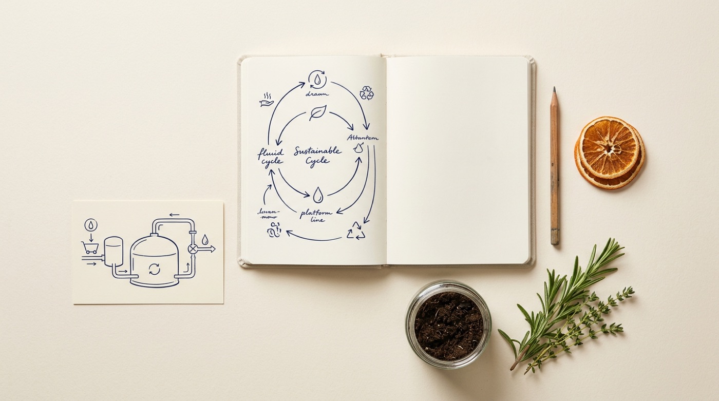 Overhead view of an open notebook with hand-drawn digestion cycle diagrams, a digesters schematic card, dried citrus, herbs and a jar of compost on a paper-toned desk